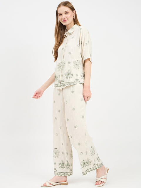 Madame Embroidered Beige Rayon Co-ord Set