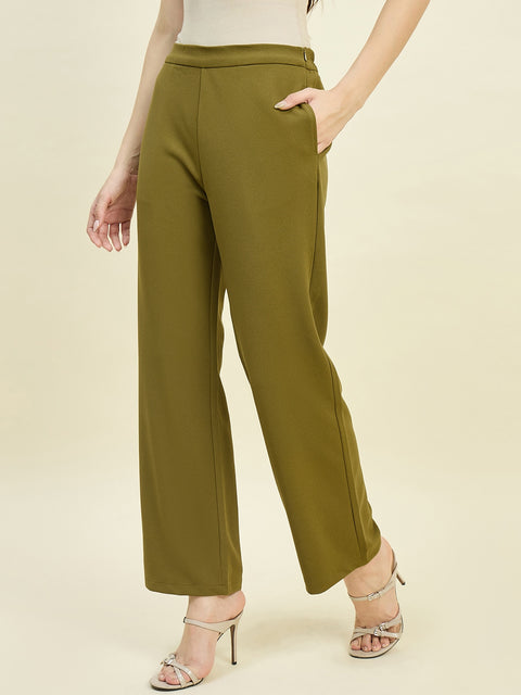 Madame Solid Olive Straight Fit Trousers