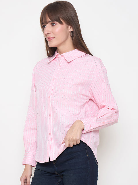 Madame Striped Cuff Sleeve Shirt Collar Pink Shirt