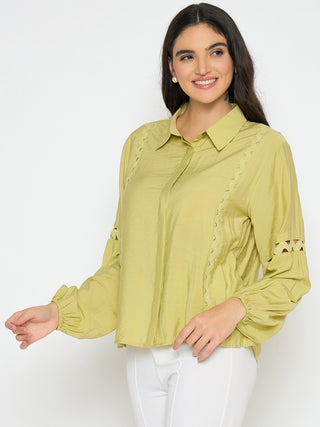 Madame Puff Sleeve Pear Green Rayon Blend Shirt