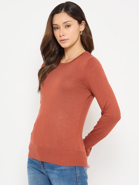Madame Solid Rust Round Neck Sweater with Cuff Sleeves