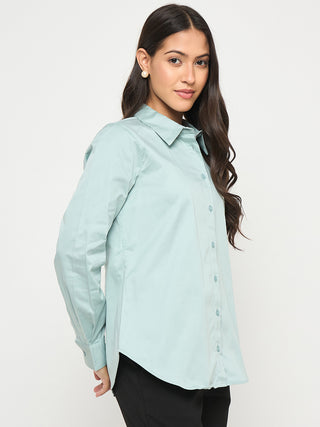 Madame Buttoned Front Solid Cotton Blend Green Shirt