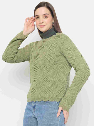 Madame Textured Scalloped Hem Green Knitted Top