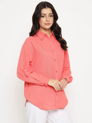 Madame Linen Blend Solid Light Coral Shirt
