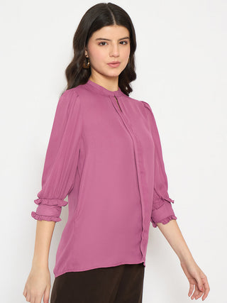 Madame Keyhole Neck Puff Sleeve Fuschia Top