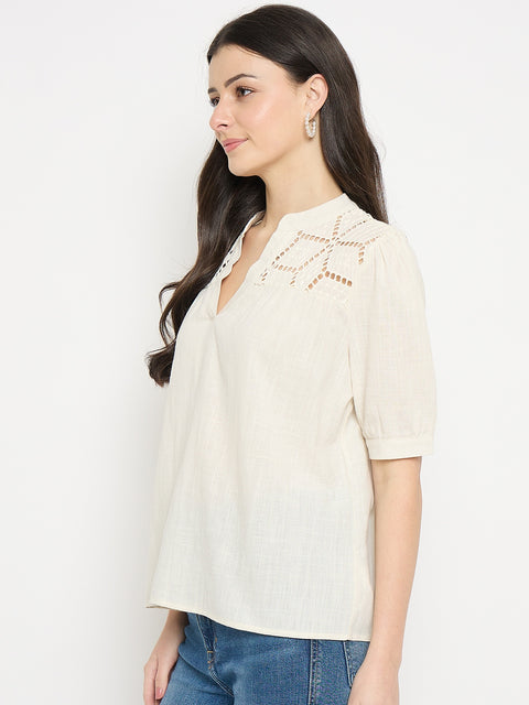Madame Off White Cotton Schiffli Top
