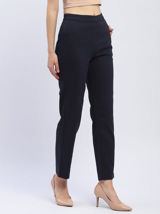 Madame Solid Navy Blue Straight Fit Trousers