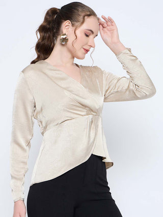Madame Wrap Detailed V neck Full Sleeve Beige Peplum Top