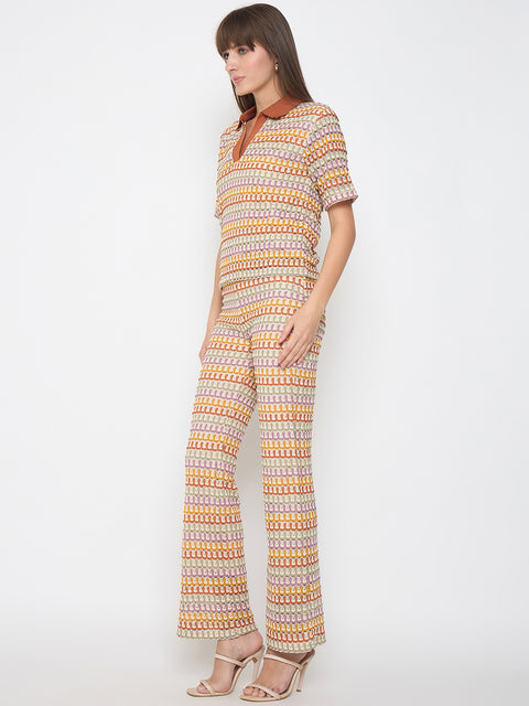 Madame Geometric Pattern Polo Top and Flared Pants Brown Co-ord Set