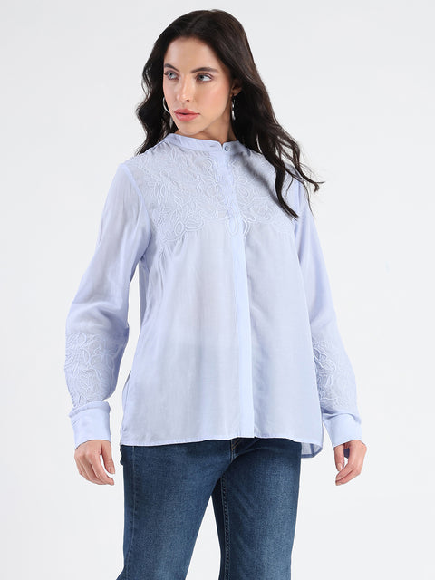 Madame Tencel Blend Embroidery Detail Blue Shirt