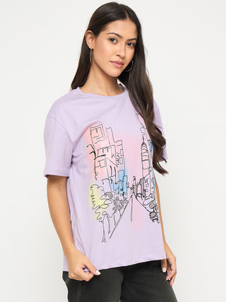 Madame Swarovski Detail Graphic Print Cotton Lilac T-shirt