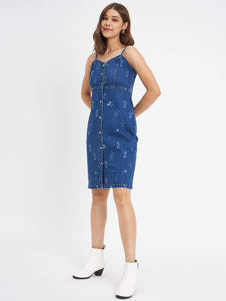 Madame Cartoon Printed Blue Cotton Midi Dress
