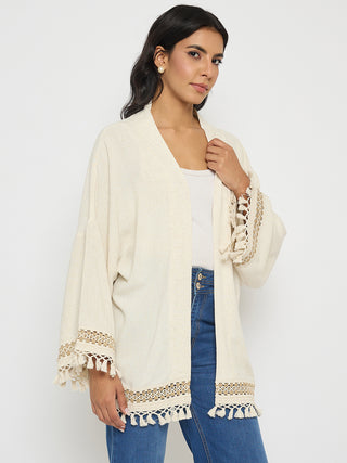 Madame Crochet Lace Trim and Tassel Detail Beige Shrug
