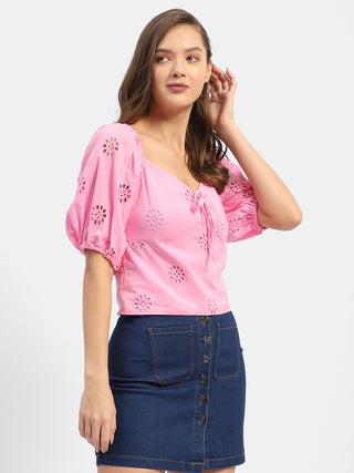 Madame Sweetheart Neck Pink Schiffli Top