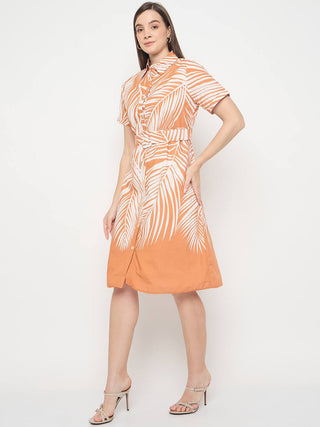 Madame Botanical Print Cotton Blend Orange Shirt Dress