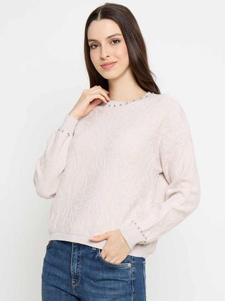 Madame Pearl Embellished Floral Embroidered Pink Sweater
