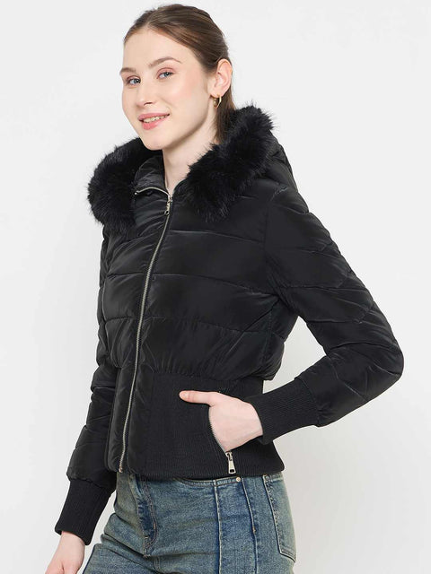 Madame Faux Fur Hood Black Puffer Jacket