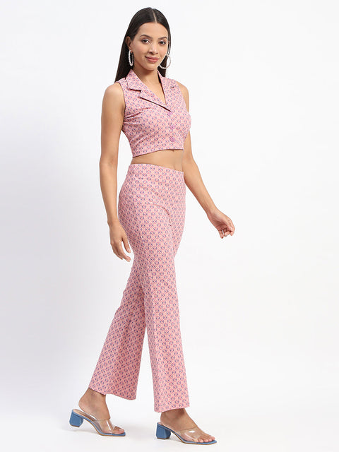 Madame Geometric Print Lapel Notch Peach Co-Ord Set