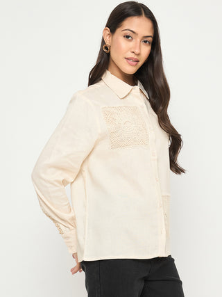 Madame Patchwork and Lace Detailed Beige Cotton Shirt