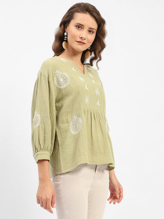 Madame Balloon Sleeve Green Chikankari Work Top