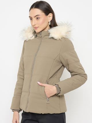 Madame Faux Fur Olive Green Puffer Jacket