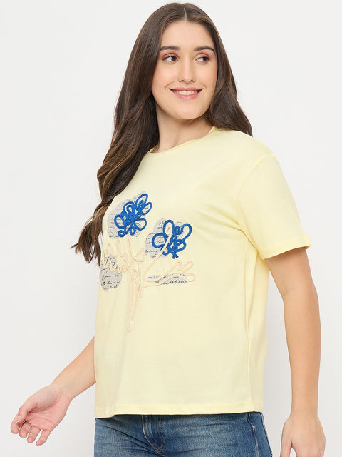 Madame Yellow Graphic Print Cotton Round Neck T-Shirt