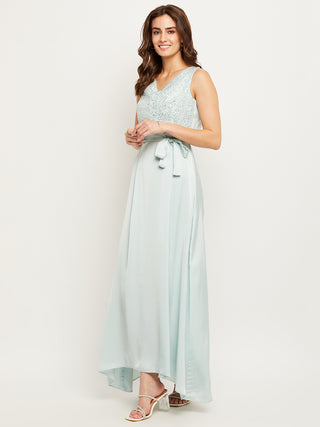 Madame Blue Embellished Tie-Waist Fit-Flare Dress