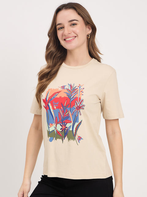 Madame Beige Graphic Print Cotton T-Shirt