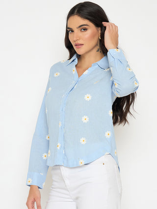 Madame Floral Embroidery Blue Cotton Shirt