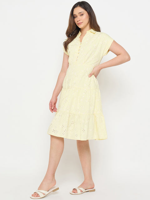 Madame Butter Yellow Printed Cotton Tiered Dress