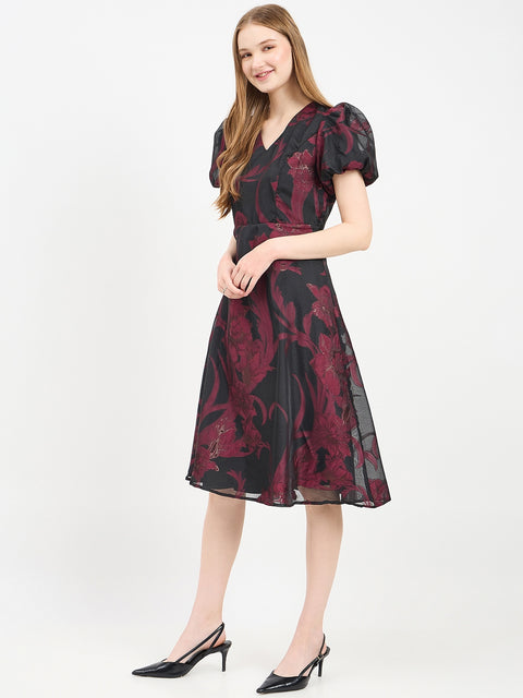 Madame Textured Burgundy Flared Dress