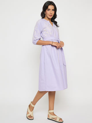 Madame Embroidered Belted A Line Midi Mauve Dress