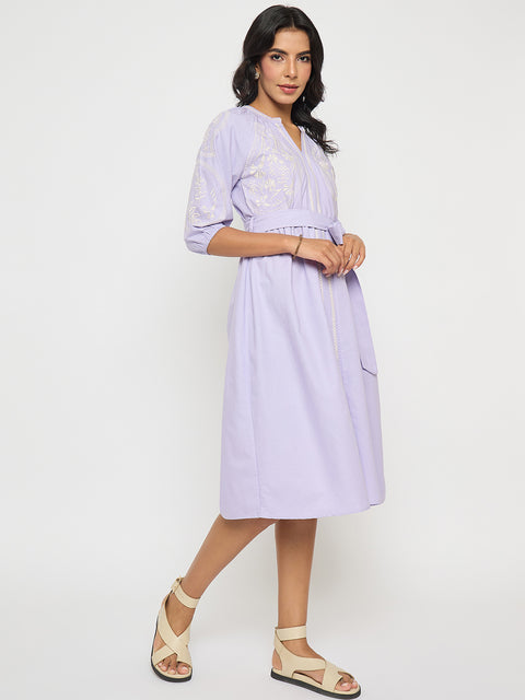 Madame Embroidered Belted A Line Midi Mauve Dress