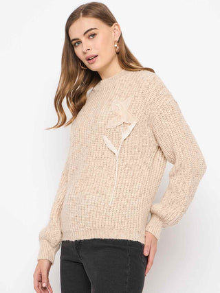 Madame Flower Applique Beige Sweater