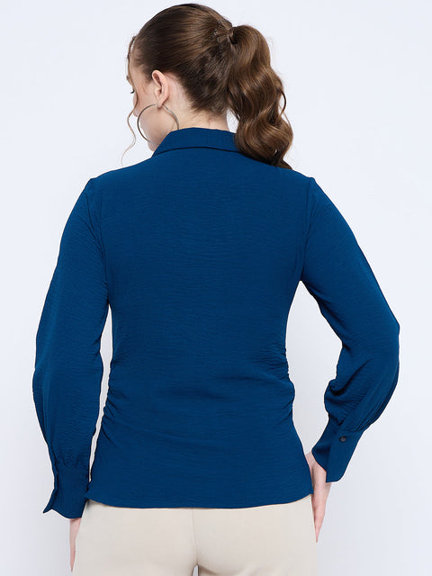 Madame Button Down Wing Necked Side Ruched Solid Teal Shirt