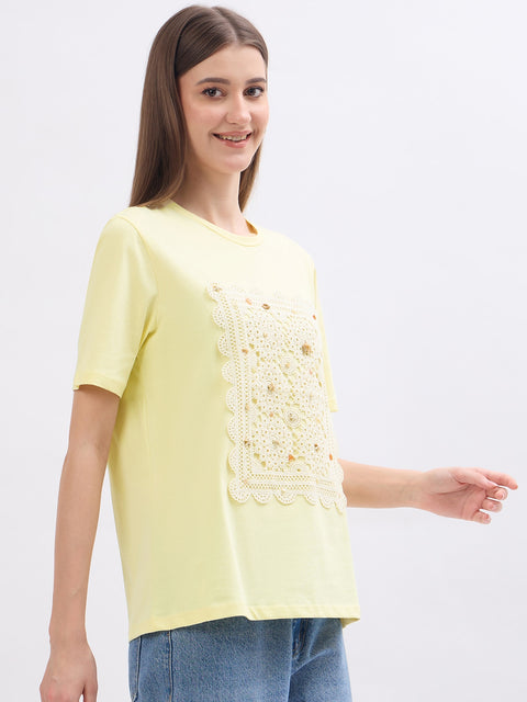 Madame Thread Embroidery Patchwork Yellow Cotton T-Shirt