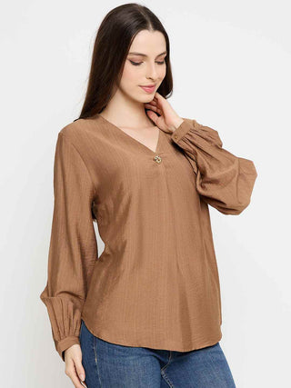 Madame Gold Button Detail Chocolate Brown Top