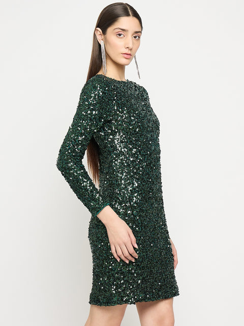 Madame Boat Neck Printed Green Bodycon Dress