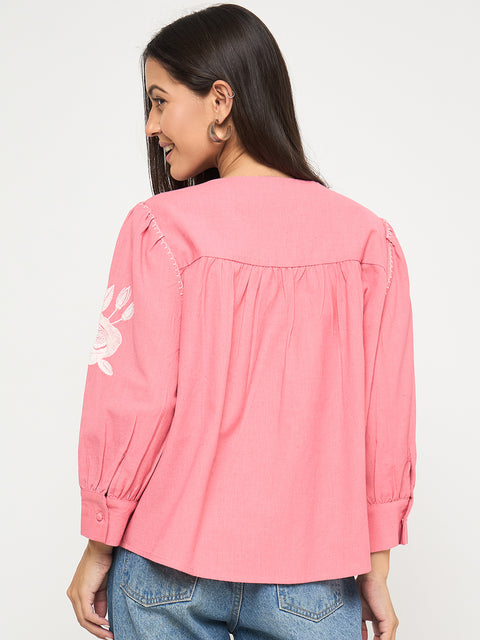 Madame Tie Neck Floral Embroidery Coral Top