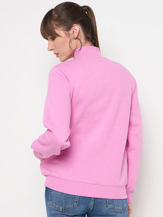 Madame Graphic Adorned Zipped Cotton Blend Pink Sweatshirt
