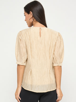 Madame Textured Embellished Tencel Blend Beige Top