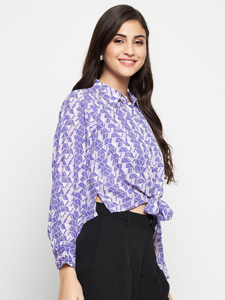 Madame Geometric Print Tie Front Purple Shirt