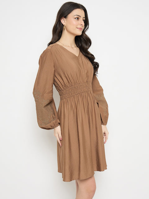 Madame Brown Rayon Nylon Blend Embroidered Dress