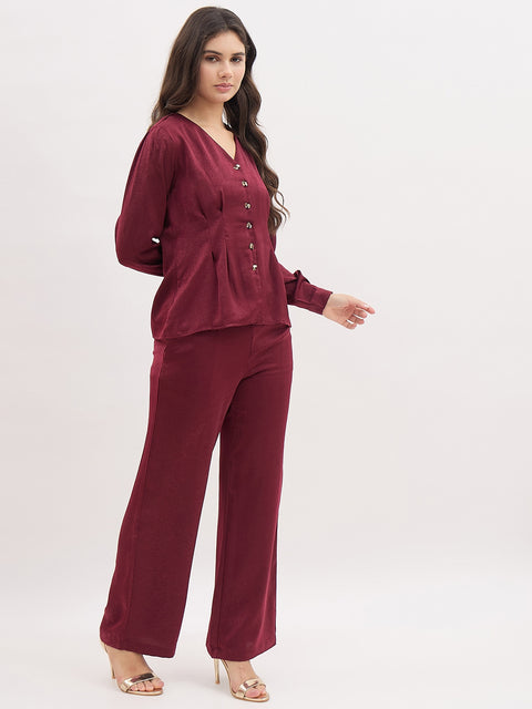 Madame Maroon V-Neck Co-ord Set