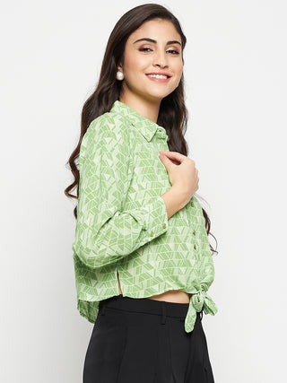 Madame Geometric Print Tie Front Green Shirt