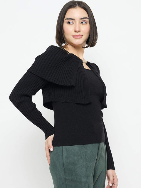 Madame Cami Neck Flutter Detailing Black Sweater