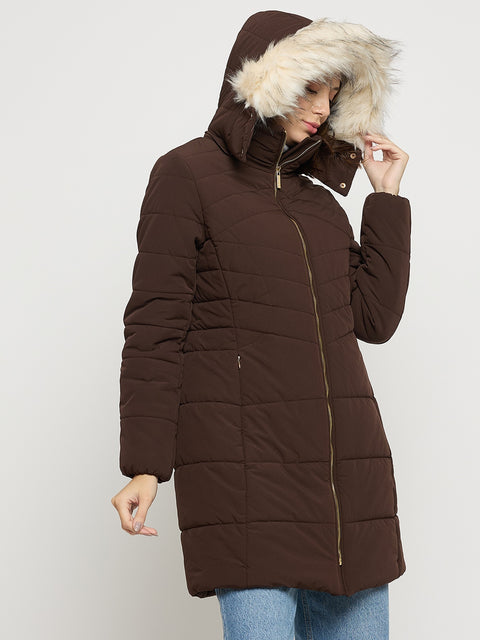 Madame Dark Brown Quilted High Neck Full Sleeve Midi Jacket