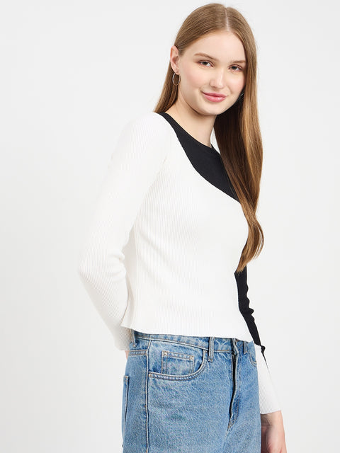 Madame Designer Colorblock Details Black Knit Top