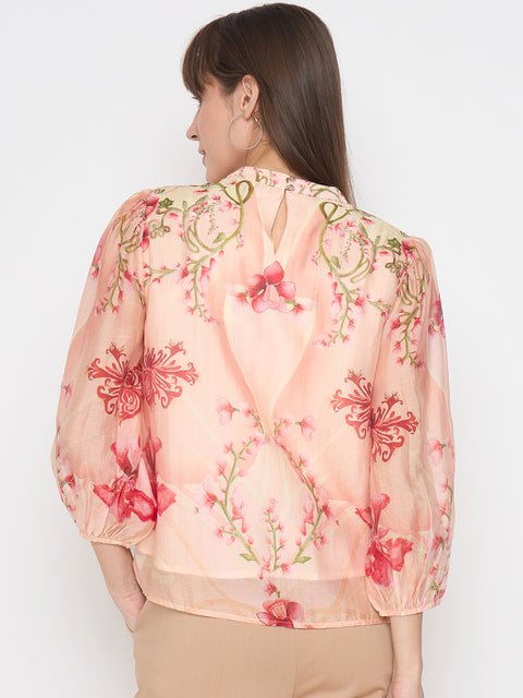 Madame Floral Print Puff Sleeve Peach Top