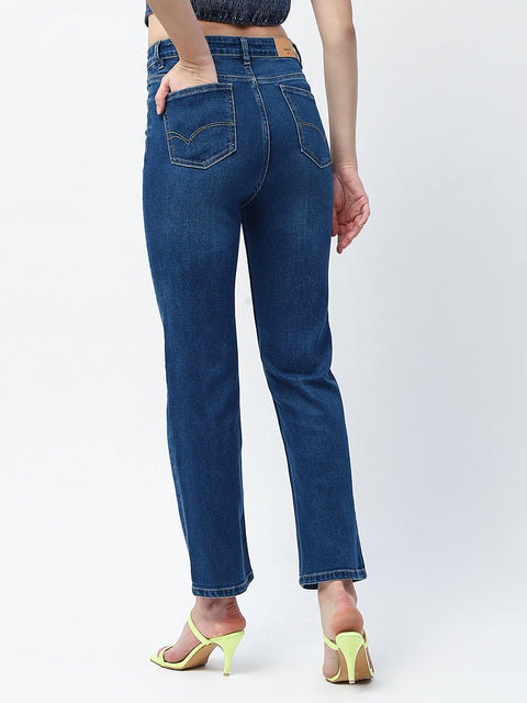 Madame Whiskered Straight Fit Dark Blue Cotton Blend Jeans